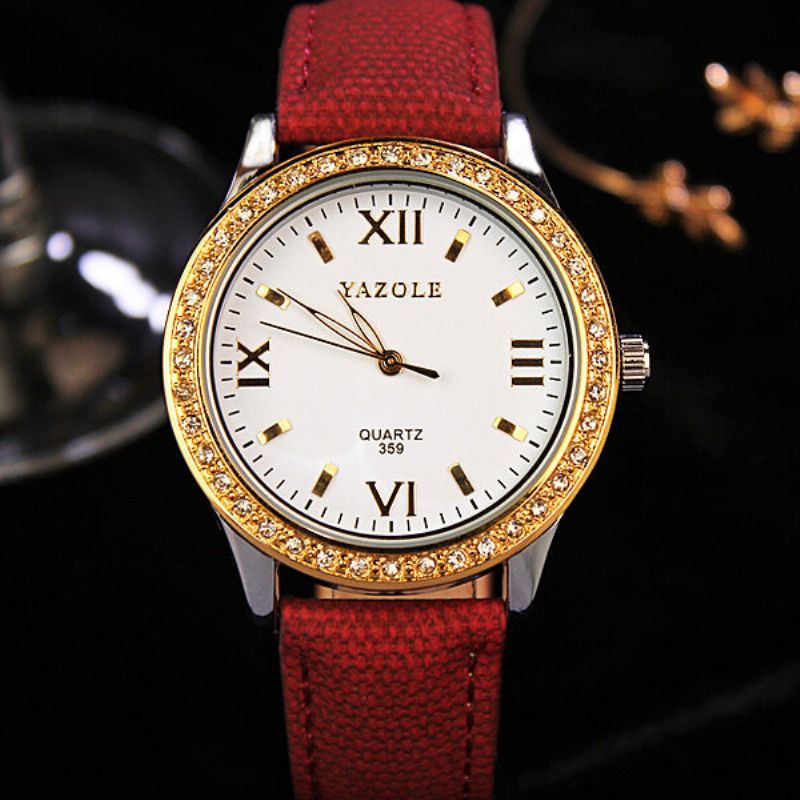 Yazole Dameklokker Diamond Gold Watches Luxury Quartz Leather Clock For Women