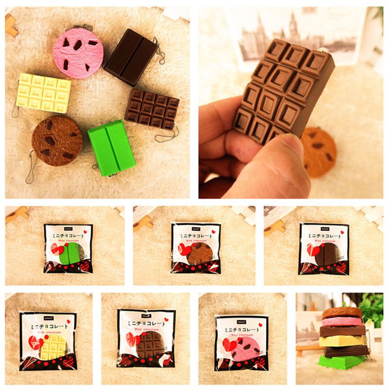 Kawaii Squishy Tag Toys Crack Chocolate Bar Kjeks Cracker Sound Collection Gavedekor Leketøy