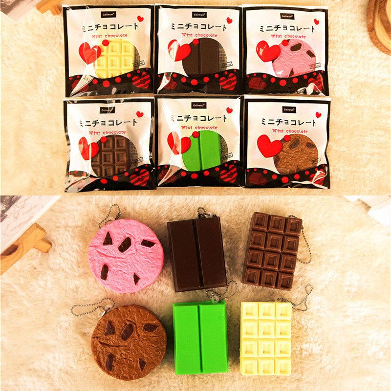 Kawaii Squishy Tag Toys Crack Chocolate Bar Kjeks Cracker Sound Collection Gavedekor Leketøy