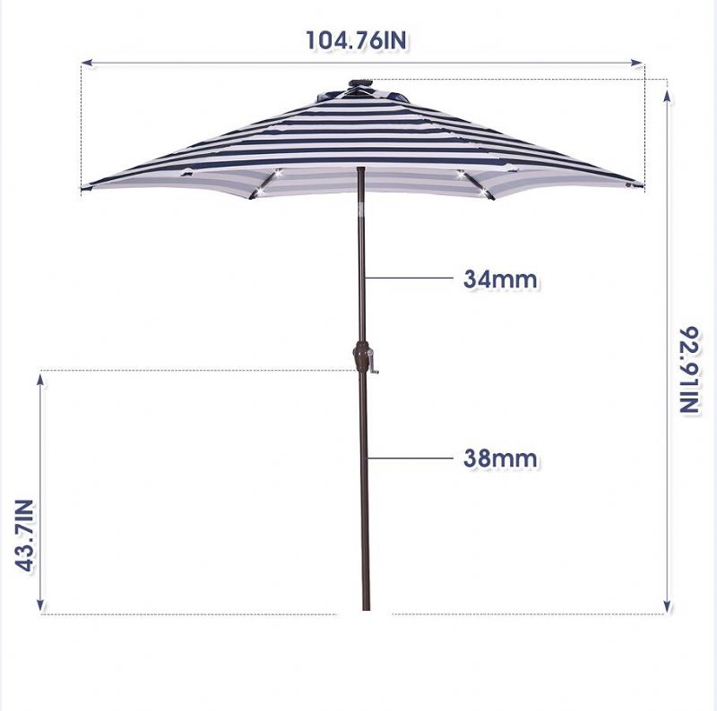 Utendørs Uteplass 8.7 Fot Markedsbordparaply Med Trykknapptilt Og Sveiv Blå Hvite Striper Med 24 Led-lys Paraplybase Er Ikke Inkludert