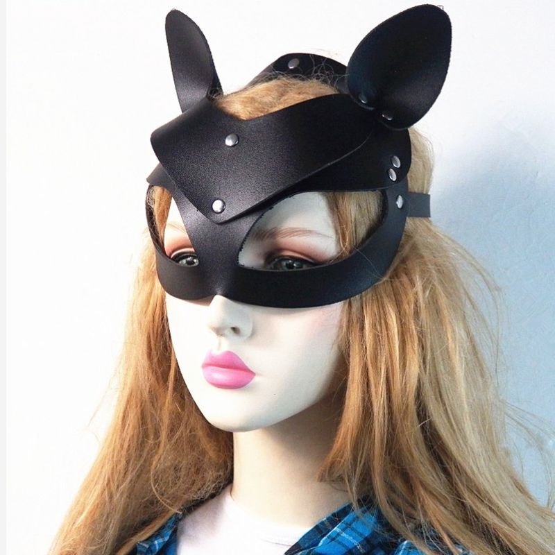 Black Leather Catwoman Cosplay Mask Bdsm Fetisj Sexy Erotisk Kaninmaske Med Lange Ører Kvinner Halloween Maskerade Festmaske Katt