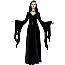 Gotisk Halloween-kostyme For Kvinner Renessanse Middelaldersk Cosplay-kjole Svart Langermet Heksekjole Med Hette Viktoriansk Kostyme