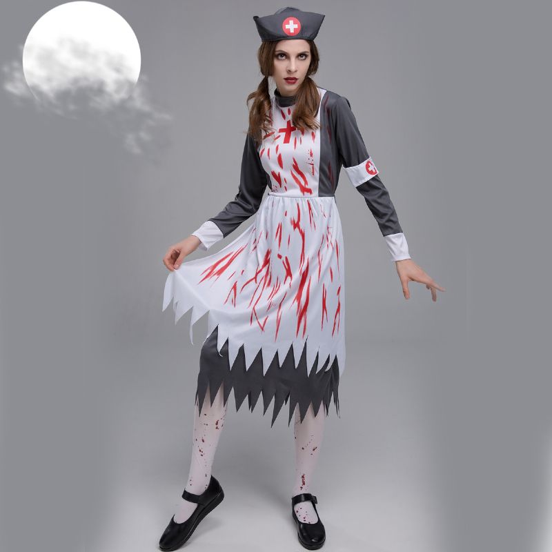 Ny Halloween Cosplay Kvinnelig Sykepleier Horror Zombie Kostyme Festtema Blodig Djevel