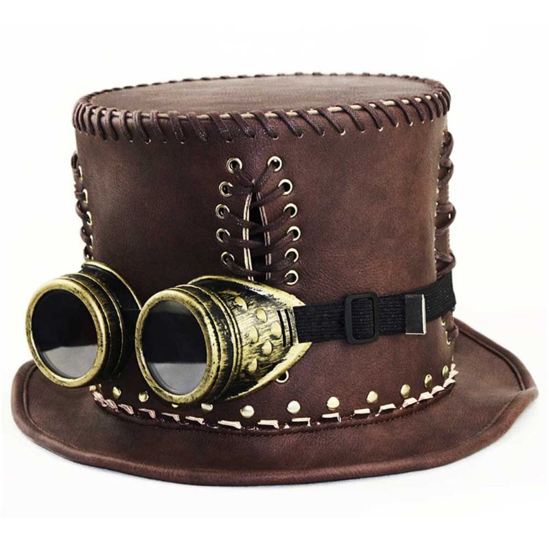 Unisex Steampunk Top Hat Retro Punk Rustikk Pu Lær Snøring Gentleman Hat For Kostymer Halloween Party