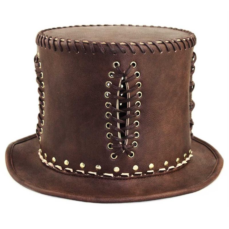 Unisex Steampunk Top Hat Retro Punk Rustikk Pu Lær Snøring Gentleman Hat For Kostymer Halloween Party