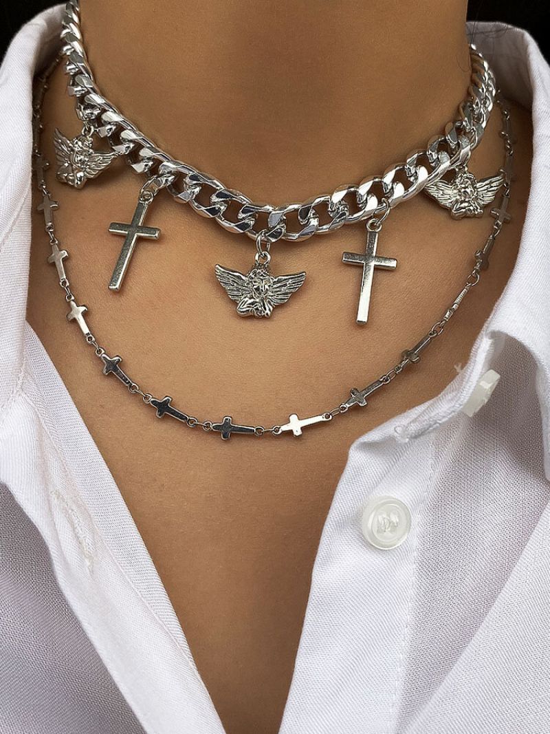 2 Stk/sett Vintage Simple Little Angel Cross Pendant Chain Cuban Alloy Dobbeltlags Halskjeder