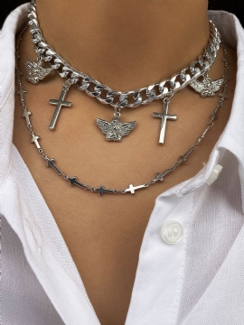 2 Stk/sett Vintage Simple Little Angel Cross Pendant Chain Cuban Alloy Dobbeltlags Halskjeder