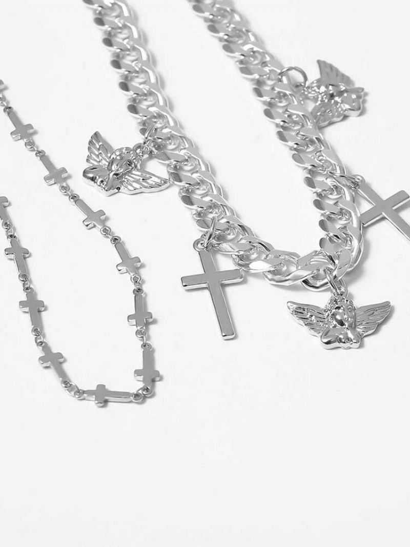 2 Stk/sett Vintage Simple Little Angel Cross Pendant Chain Cuban Alloy Dobbeltlags Halskjeder