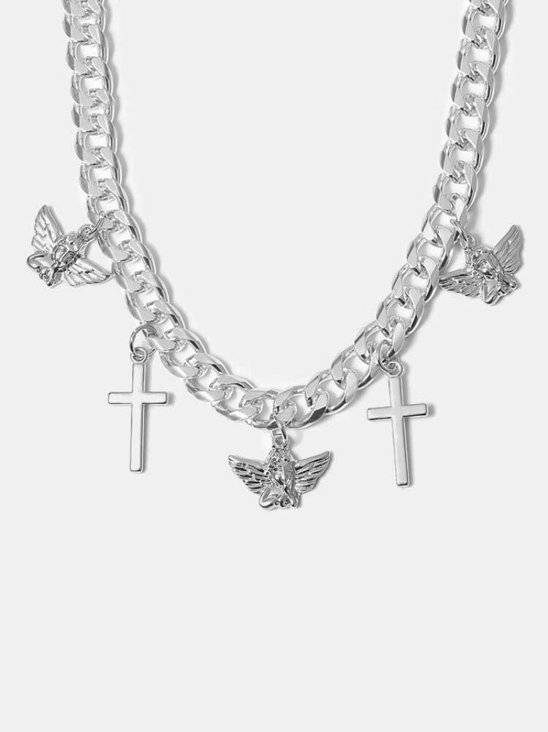 2 Stk/sett Vintage Simple Little Angel Cross Pendant Chain Cuban Alloy Dobbeltlags Halskjeder