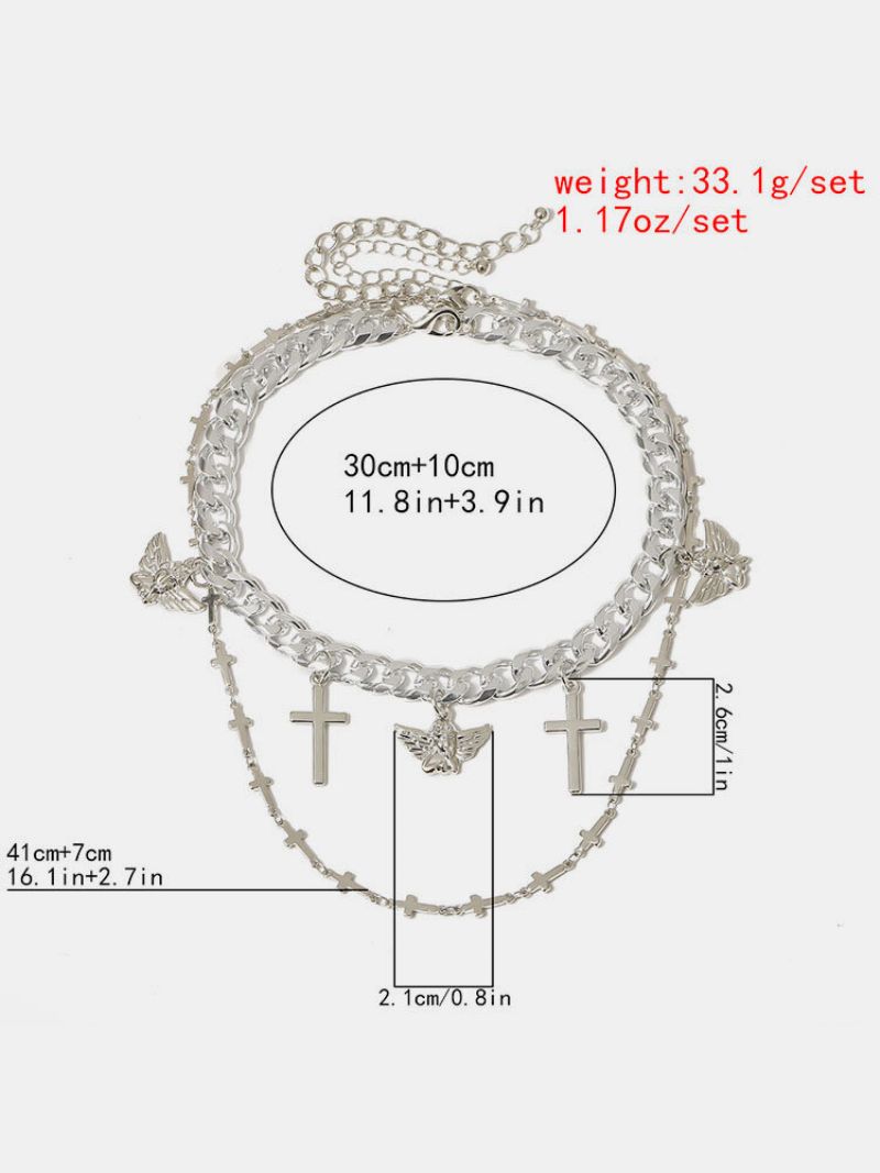 2 Stk/sett Vintage Simple Little Angel Cross Pendant Chain Cuban Alloy Dobbeltlags Halskjeder