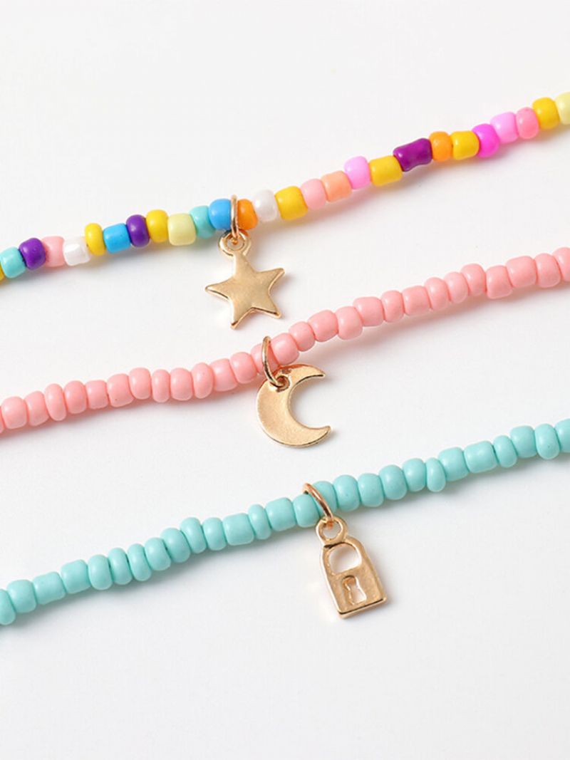 3 Stk Bohemian Country Style Star Moon Lock Shape Pendant Fargerike Perler Legering Halskjeder Sett