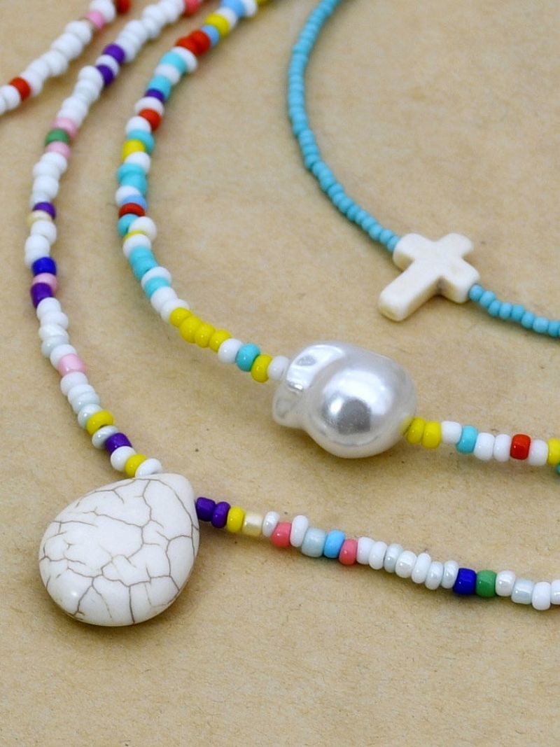 4 Stk Fargede Rice Beads Dame Halskjede Cross Turkis Perle Pendant Beaded