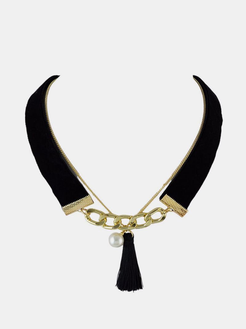 Bohemian Flerlags Halskjede Svart Dusk Flanell Pearl Collar