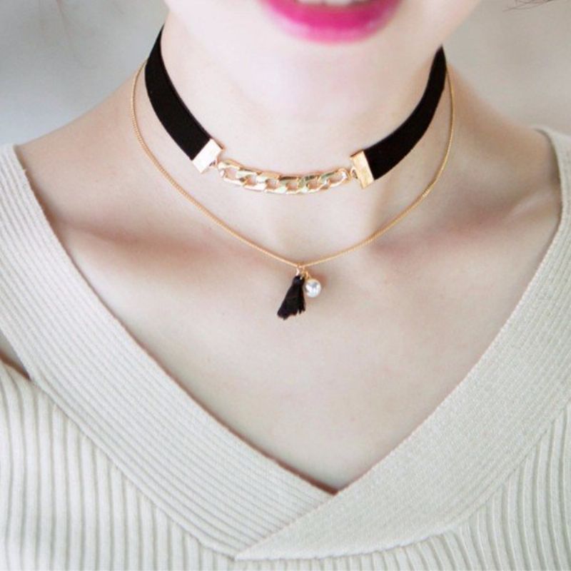 Bohemian Flerlags Halskjede Svart Dusk Flanell Pearl Collar