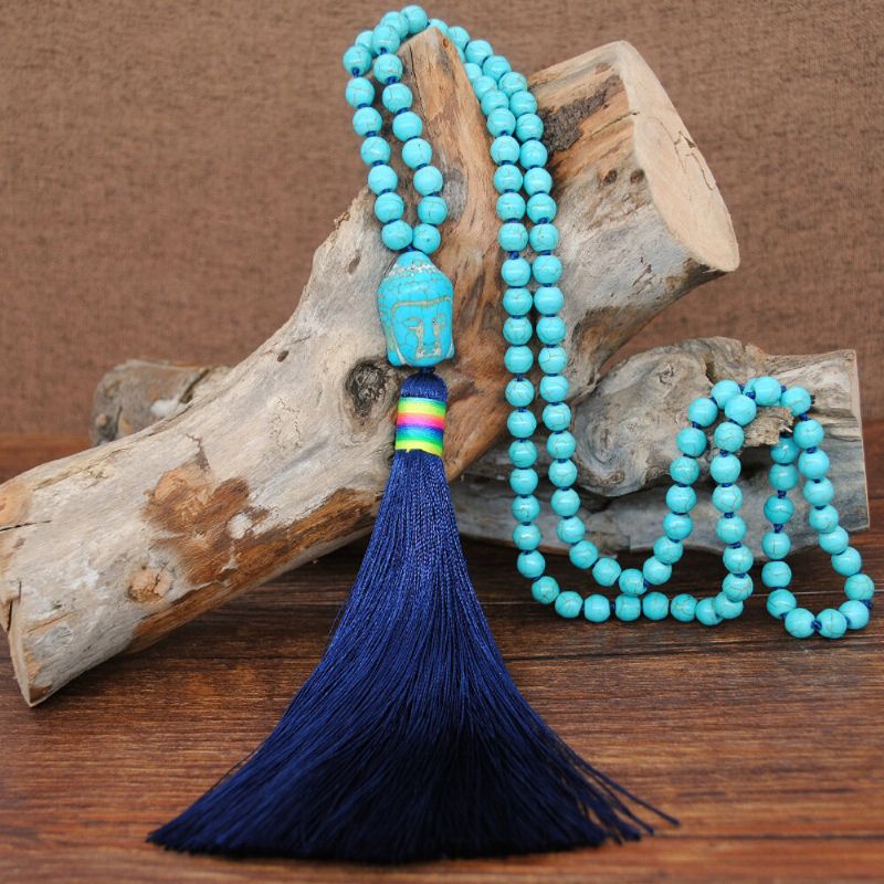 Bohemian Long Tassel Halskjede Turkis Elephant Beaded Pendant Dame Genser Kjede Smykker