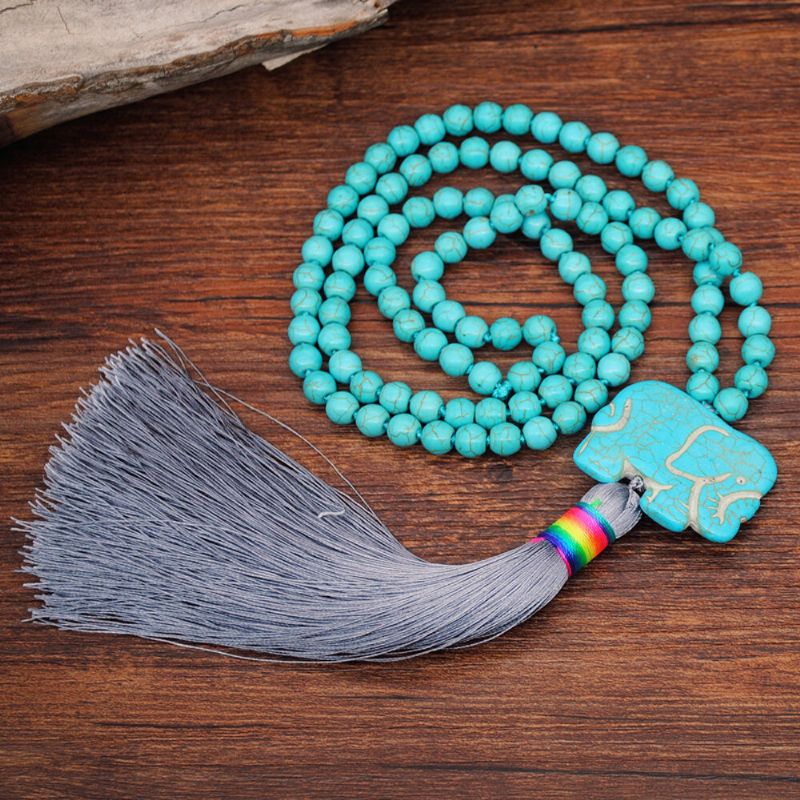 Bohemian Long Tassel Halskjede Turkis Elephant Beaded Pendant Dame Genser Kjede Smykker