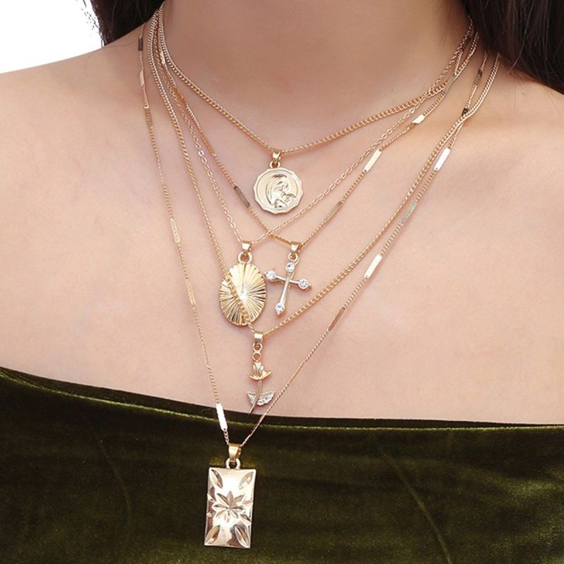 Bohemian Portrait Flower Necklace Multilayer Gold For Women Sweater Chain