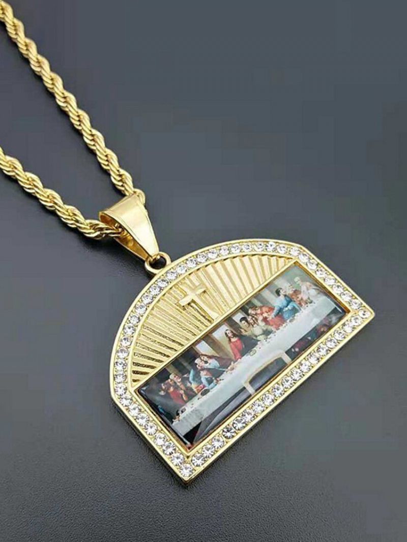 Geometrisk Gullbelagte Menn Kvinner Halskjede Diamanter Mount The Last Supper Maleri Cross Pendant