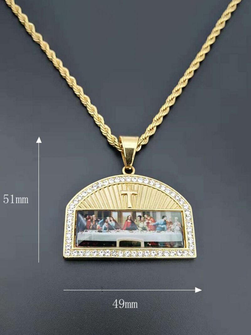 Geometrisk Gullbelagte Menn Kvinner Halskjede Diamanter Mount The Last Supper Maleri Cross Pendant