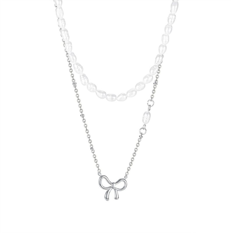 Hollow Bow Pearl Texture Titanium Steel Halskjede Ins Nisje Design Clavicle Chain