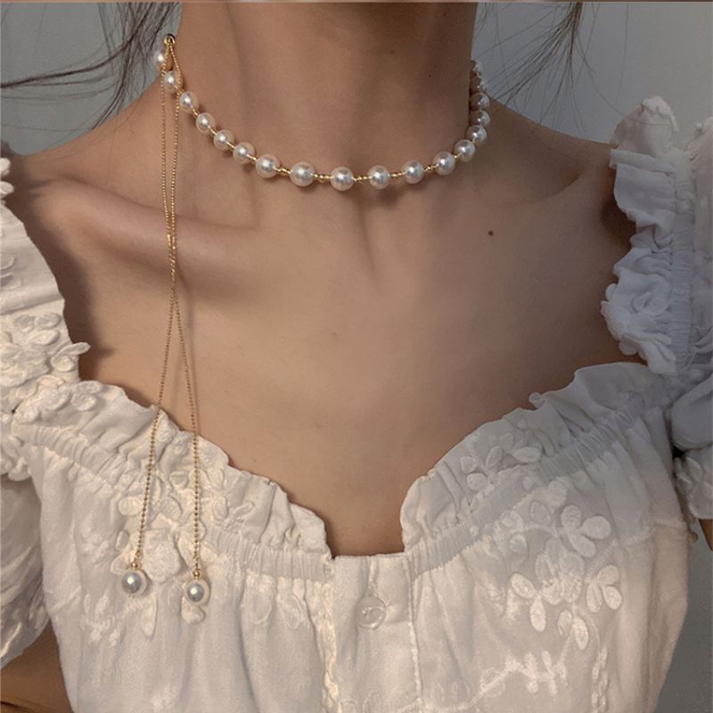 Ladies Pearl Pull-out Utsøkt Halskjede Kvinnelig Design Sense Choker