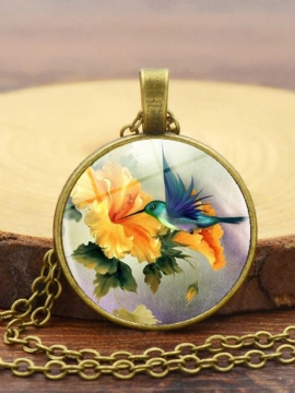 Legert Glass Hummingbird Blomstermønster Trykt Kjede Anheng For Kvinner