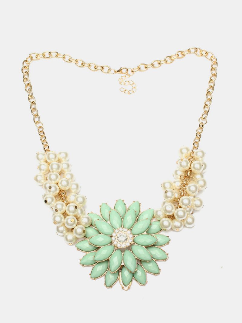 Metal Flower Pearl Collar Bib Statement Halskjede