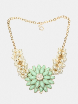 Metal Flower Pearl Collar Bib Statement Halskjede