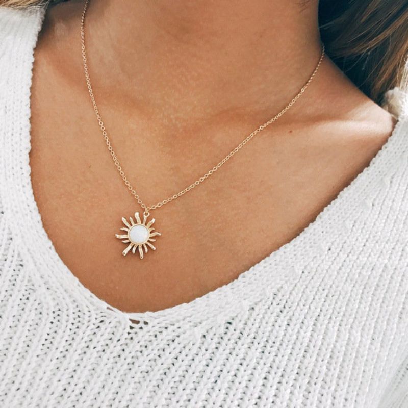 Mote Sølv Gull Sun Flower Pendant Halskjeder Opal Chain Statement For Kvinner