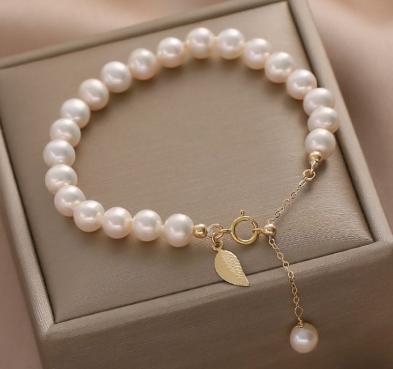 Mussel-perle Armbånd 14 K Gull Elegant Naturlig Perle