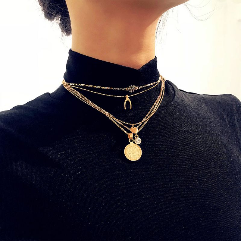 Retro Legering Plating Halskjede Flere Elementer Ornament Mynt Blomst Diamond Style Neck-let For Kvinner Jente - Golden