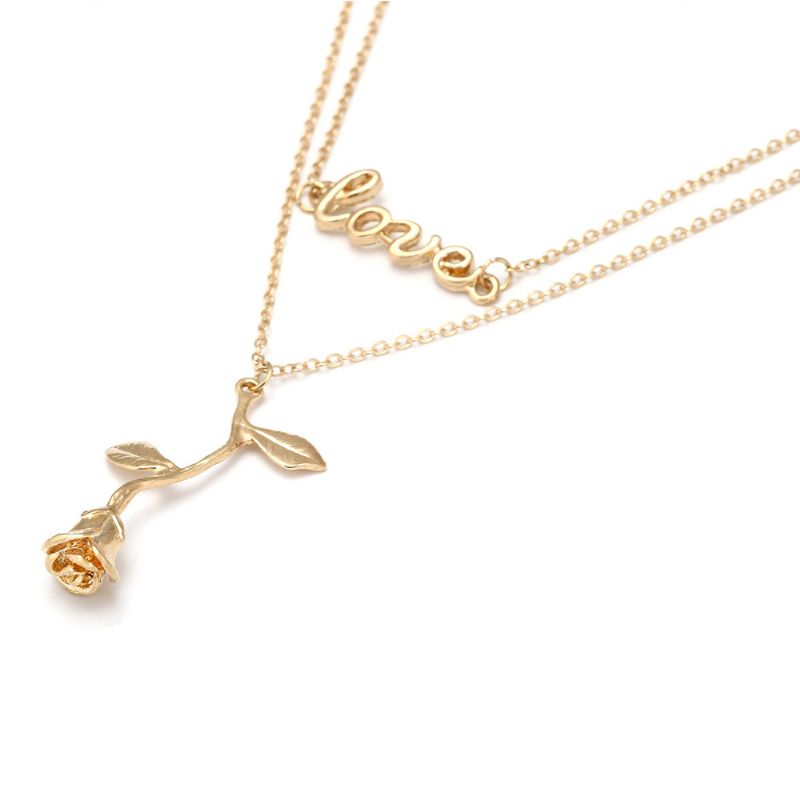 Rose & Letter Alloy Anheng Halskjede Romantisk Fasjonabelt Love Elegant Form Gull Polert