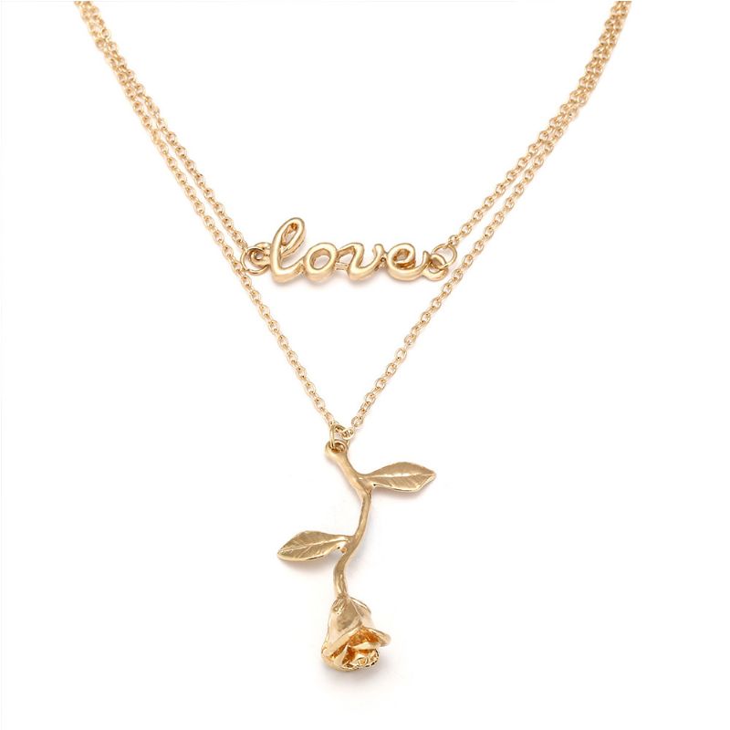 Rose & Letter Alloy Anheng Halskjede Romantisk Fasjonabelt Love Elegant Form Gull Polert