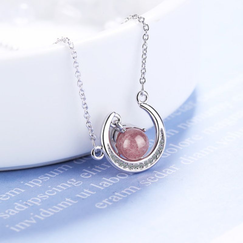 Strawberry Pink Crystal Fresh Moon Kort Kragebenskjede Ins Diamond Anheng