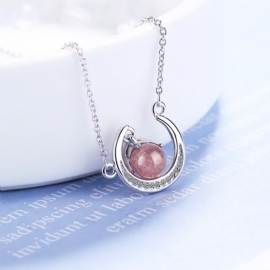 Strawberry Pink Crystal Fresh Moon Kort Kragebenskjede Ins Diamond Anheng