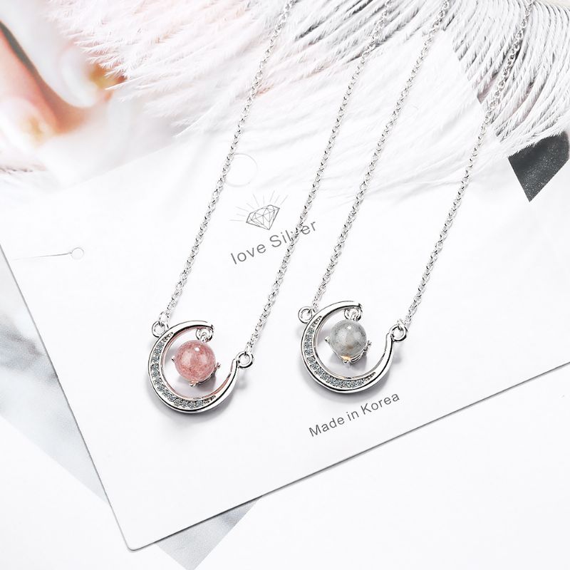 Strawberry Pink Crystal Fresh Moon Kort Kragebenskjede Ins Diamond Anheng