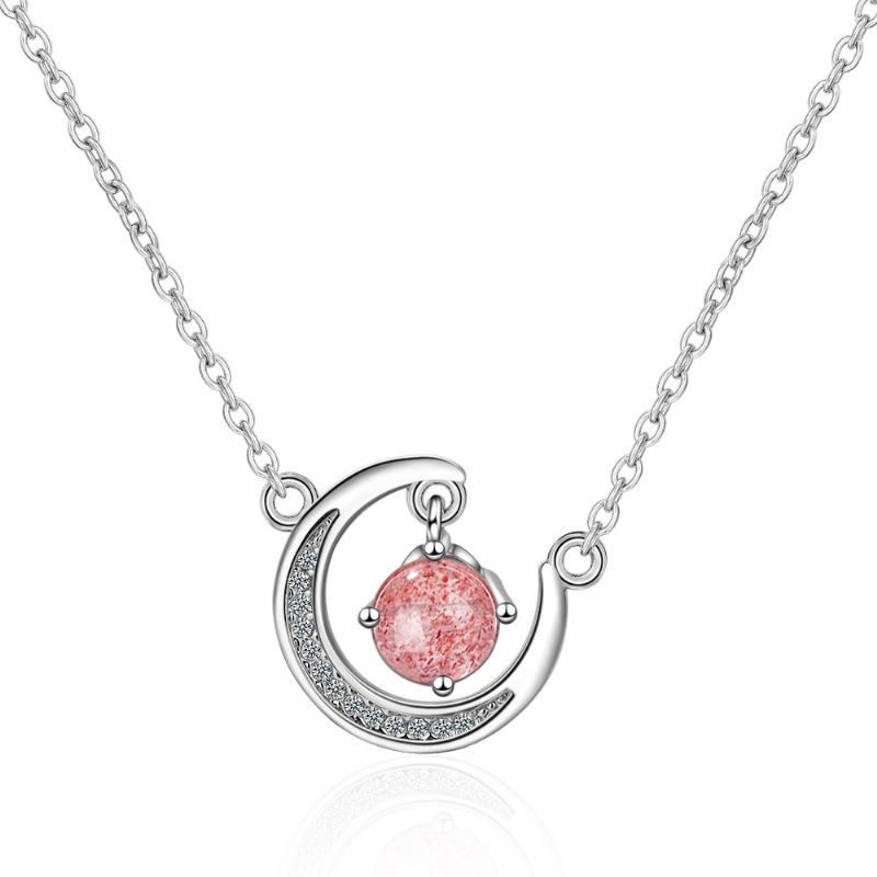 Strawberry Pink Crystal Fresh Moon Kort Kragebenskjede Ins Diamond Anheng