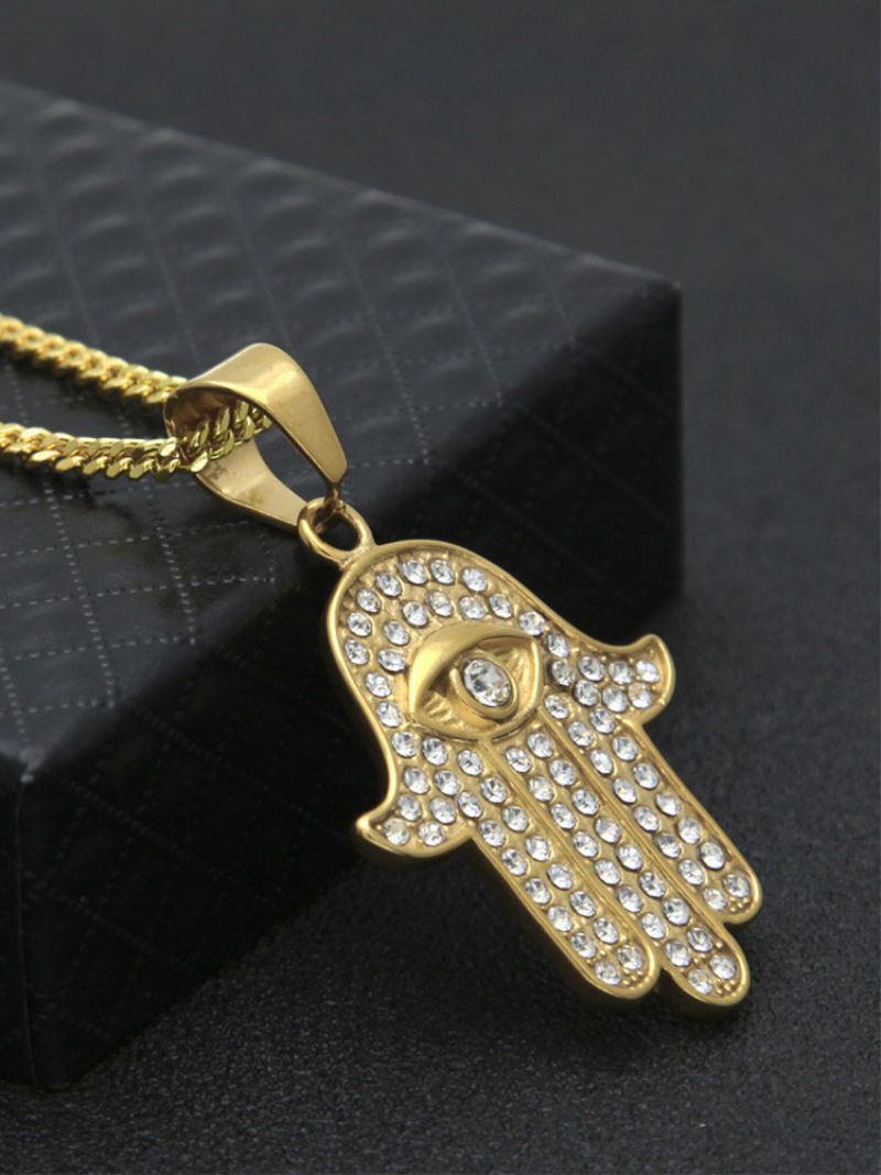 Trendy Hip Hop Hand Of Fatima Evil Eye Rustfritt Stål Rhinestone Twist Chain Halskjede