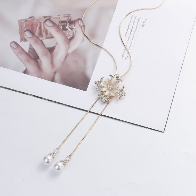 Trendy Perleanheng Kvasthalskjeder For Kvinner Luksus Opal Rhinestone Flower Cross Lange Halskjeder