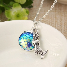 Trendy Time Gemstone Fargerike Havfrue Scale Resin Pendant Delikat Sølv Halskjeder For Jente Kvinner