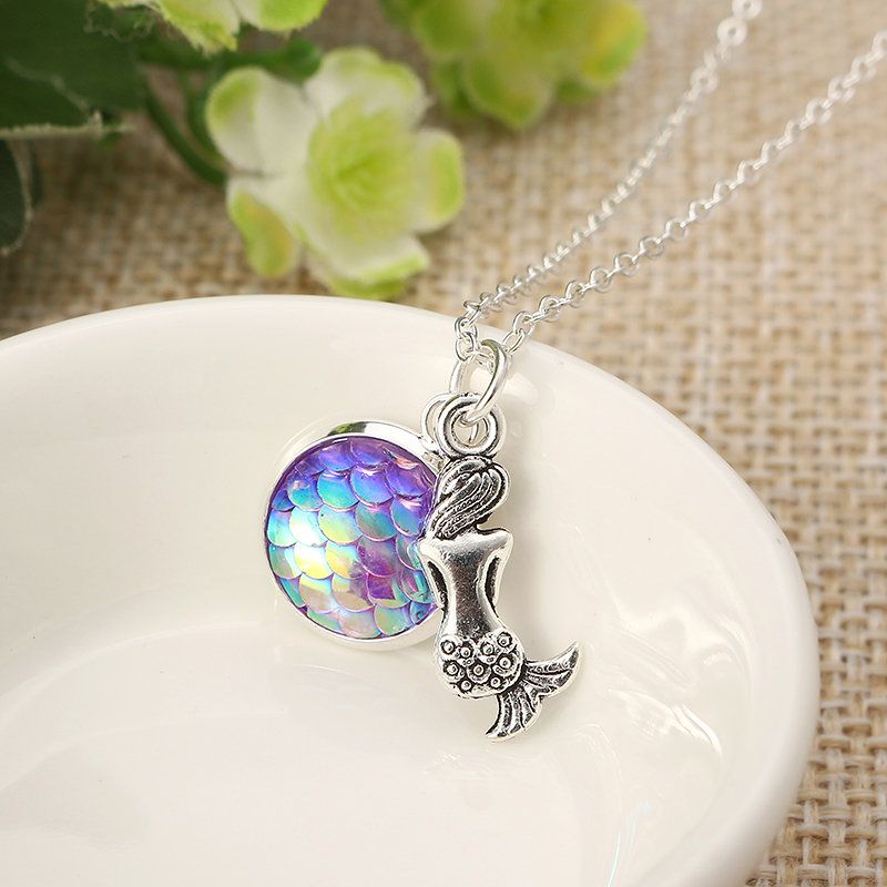 Trendy Time Gemstone Fargerike Havfrue Scale Resin Pendant Delikat Sølv Halskjeder For Jente Kvinner