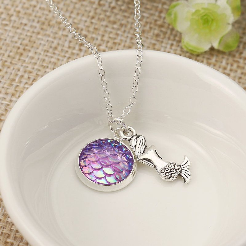 Trendy Time Gemstone Fargerike Havfrue Scale Resin Pendant Delikat Sølv Halskjeder For Jente Kvinner