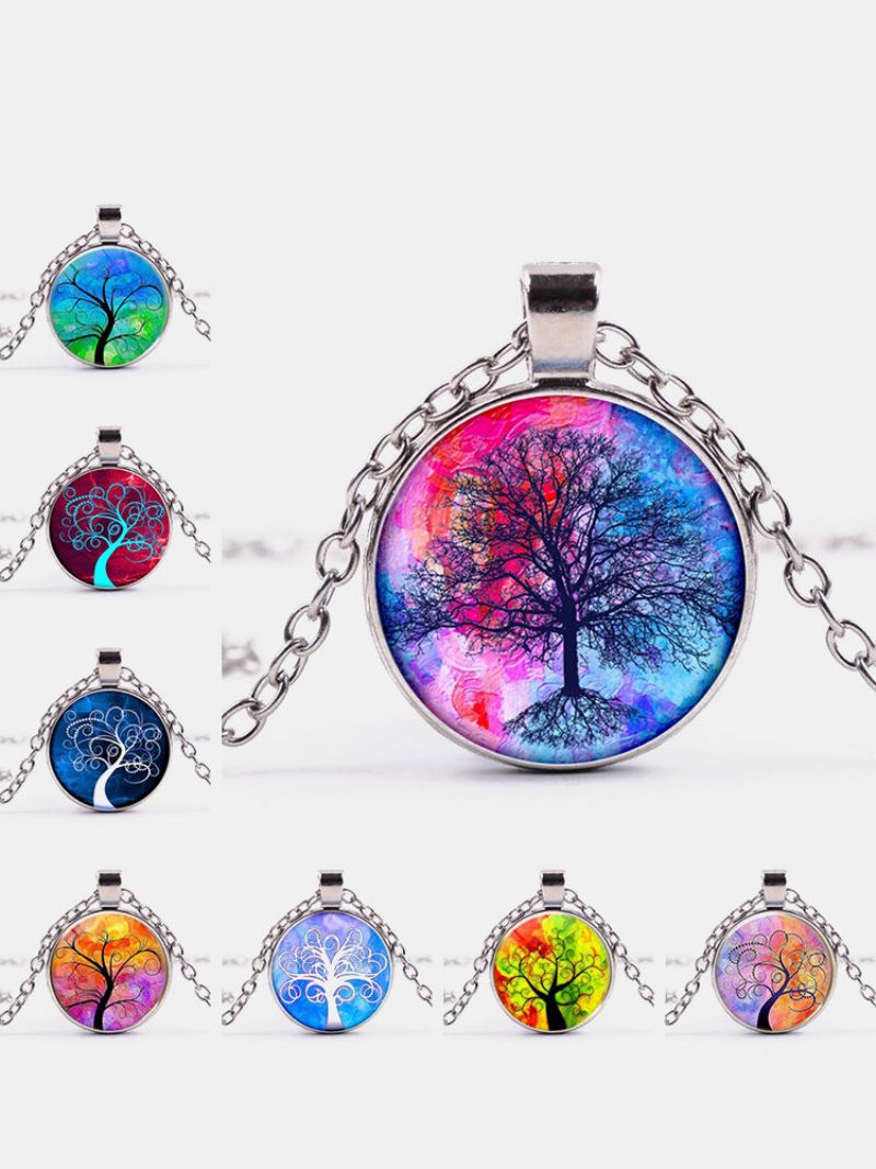 Vintage Gemstone Glass Trykt Kvinner Halskjeder Farget Tree Of Life Anheng