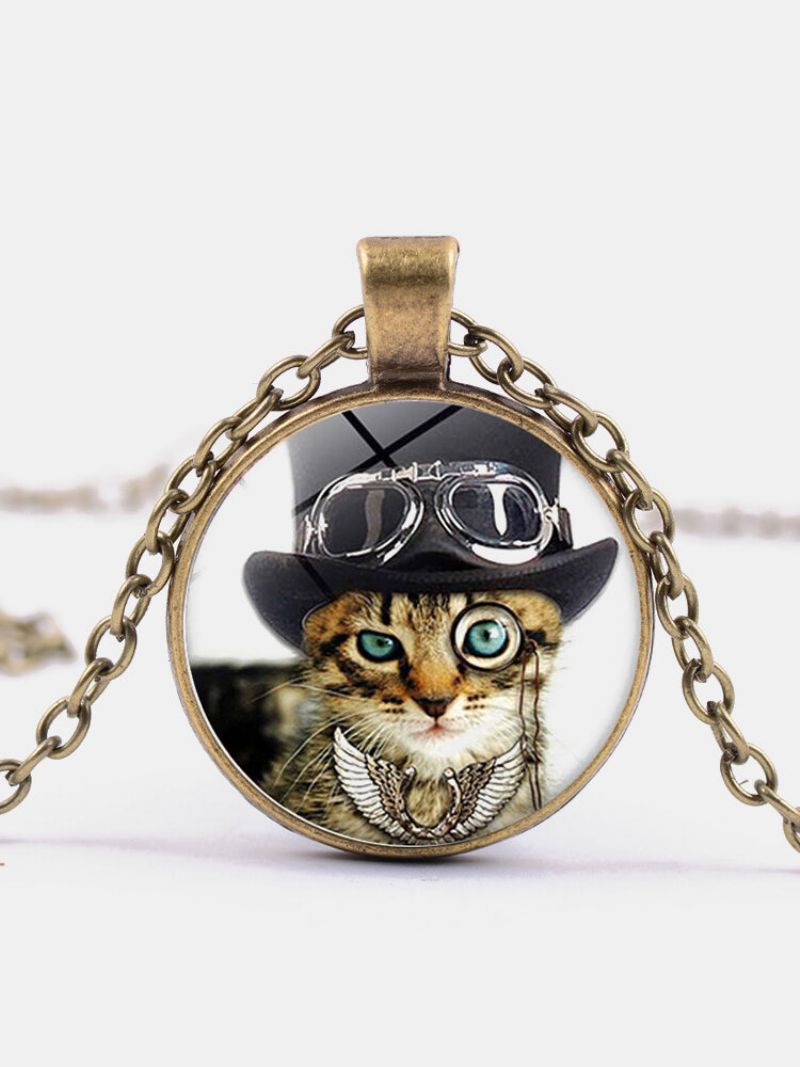 Vintage Glass Trykt Kvinner Halskjede Cat Top Hat Monocle Anheng Smykker Gave