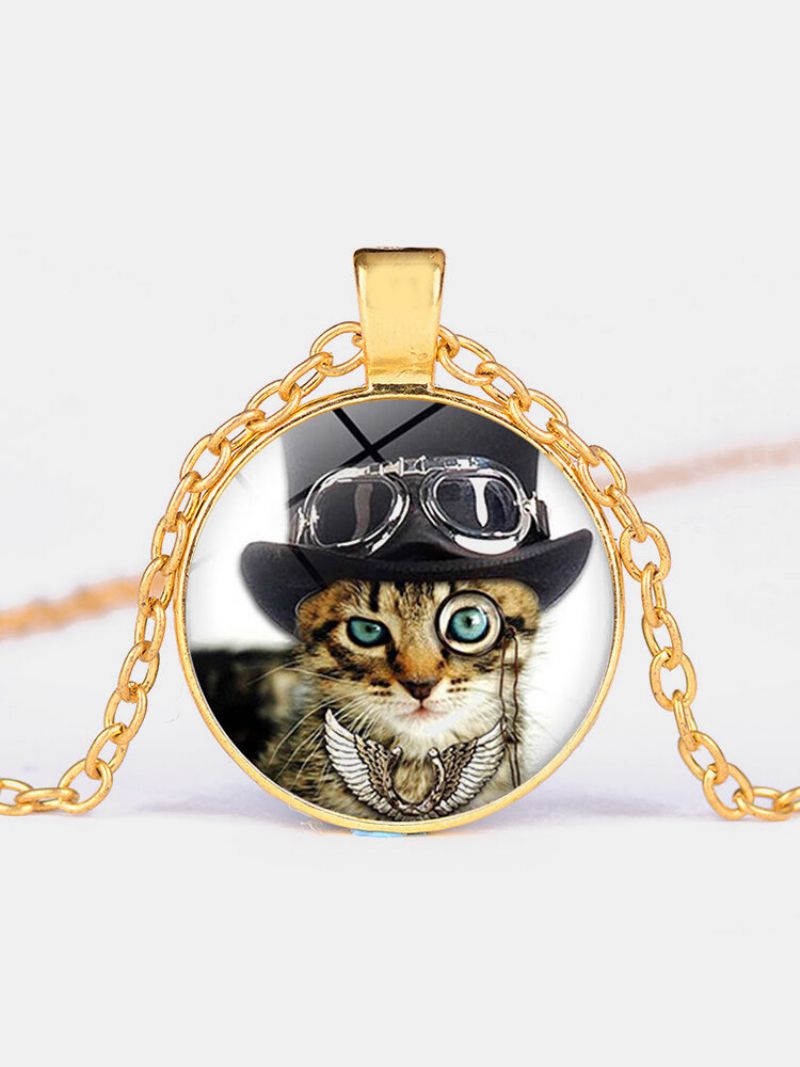 Vintage Glass Trykt Kvinner Halskjede Cat Top Hat Monocle Anheng Smykker Gave