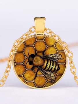 Vintage Honeycomb Bee Kvinner Halskjede Legert Glass Trykt Anheng