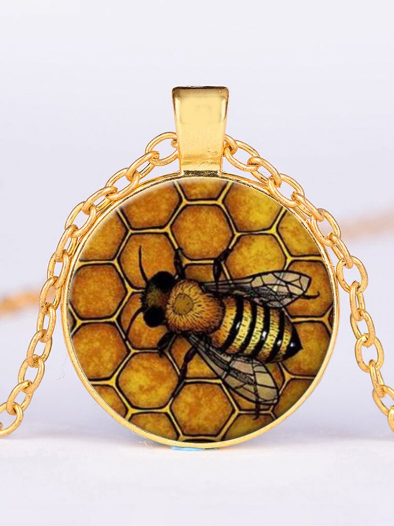 Vintage Honeycomb Bee Kvinner Halskjede Legert Glass Trykt Anheng