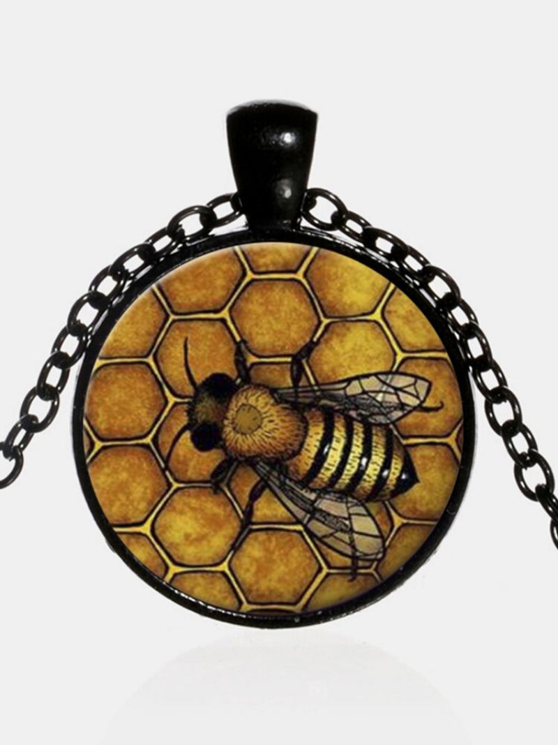 Vintage Honeycomb Bee Kvinner Halskjede Legert Glass Trykt Anheng