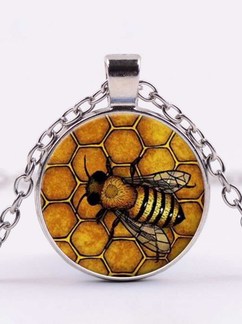 Vintage Honeycomb Bee Kvinner Halskjede Legert Glass Trykt Anheng