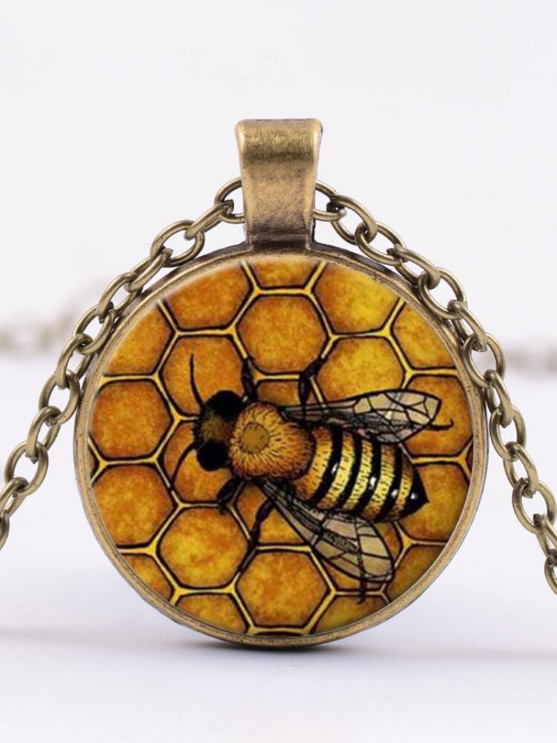 Vintage Honeycomb Bee Kvinner Halskjede Legert Glass Trykt Anheng